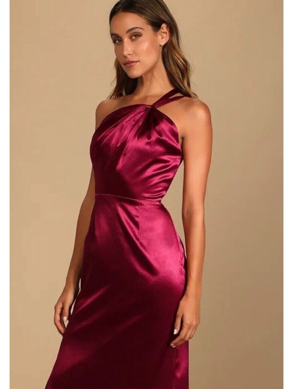 Lulus Devotion to Love Wine Satin One-Shoulder Maxi Dress Size XS